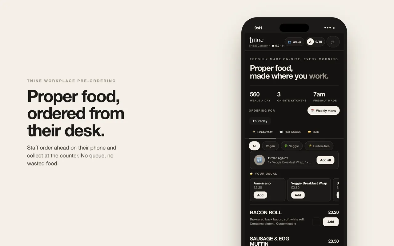 TNINE workplace pre-ordering app: staff order ahead on their phone and collect at the counter